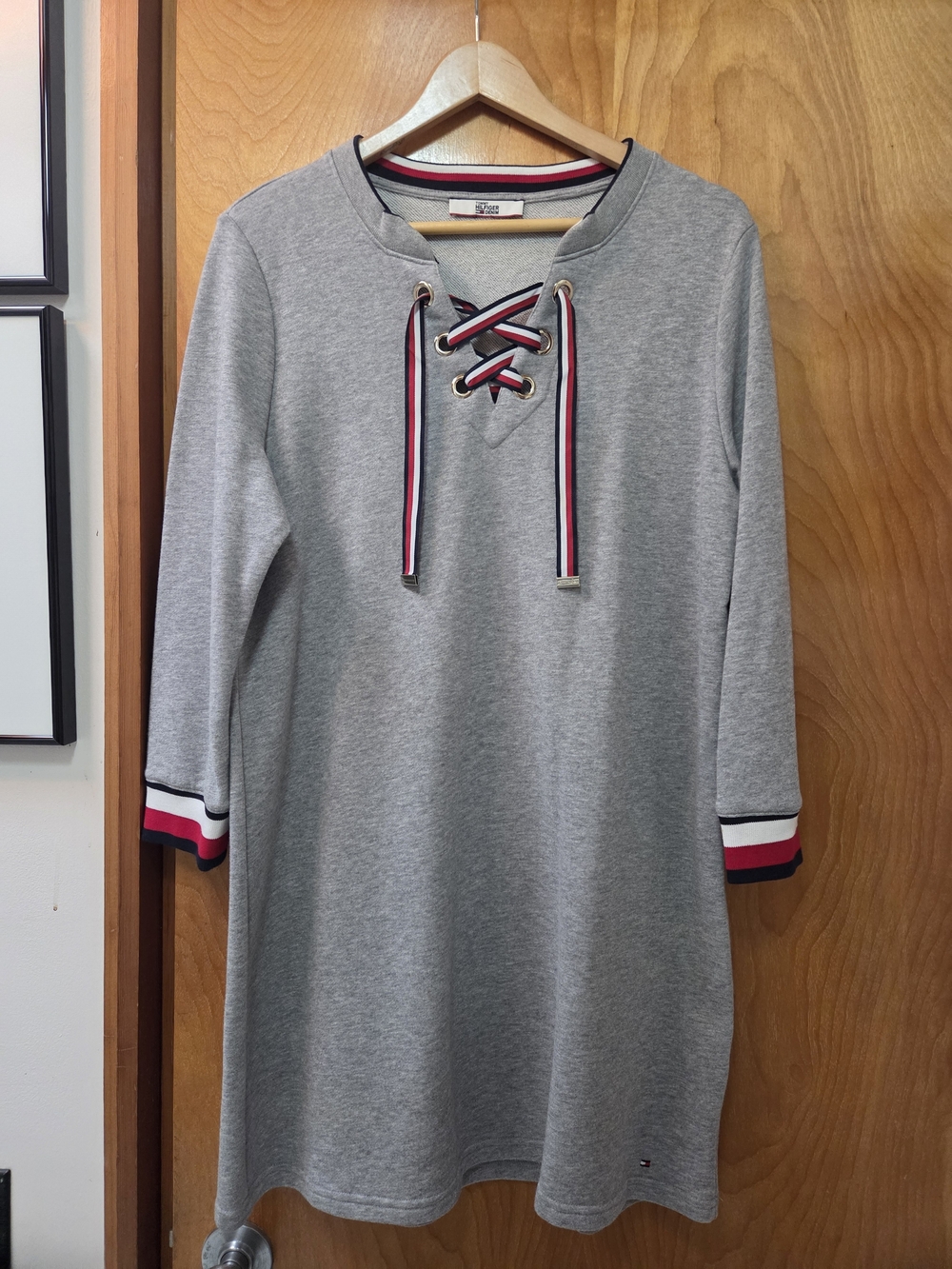Tommy Hilfiger Light Gray Sweatshirt with Red, White & Navy Stripe Trim